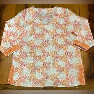 J. Jill Linen Cotton Blend V-Neck Top, Pretty Coral Print & Trim, Medium Petite